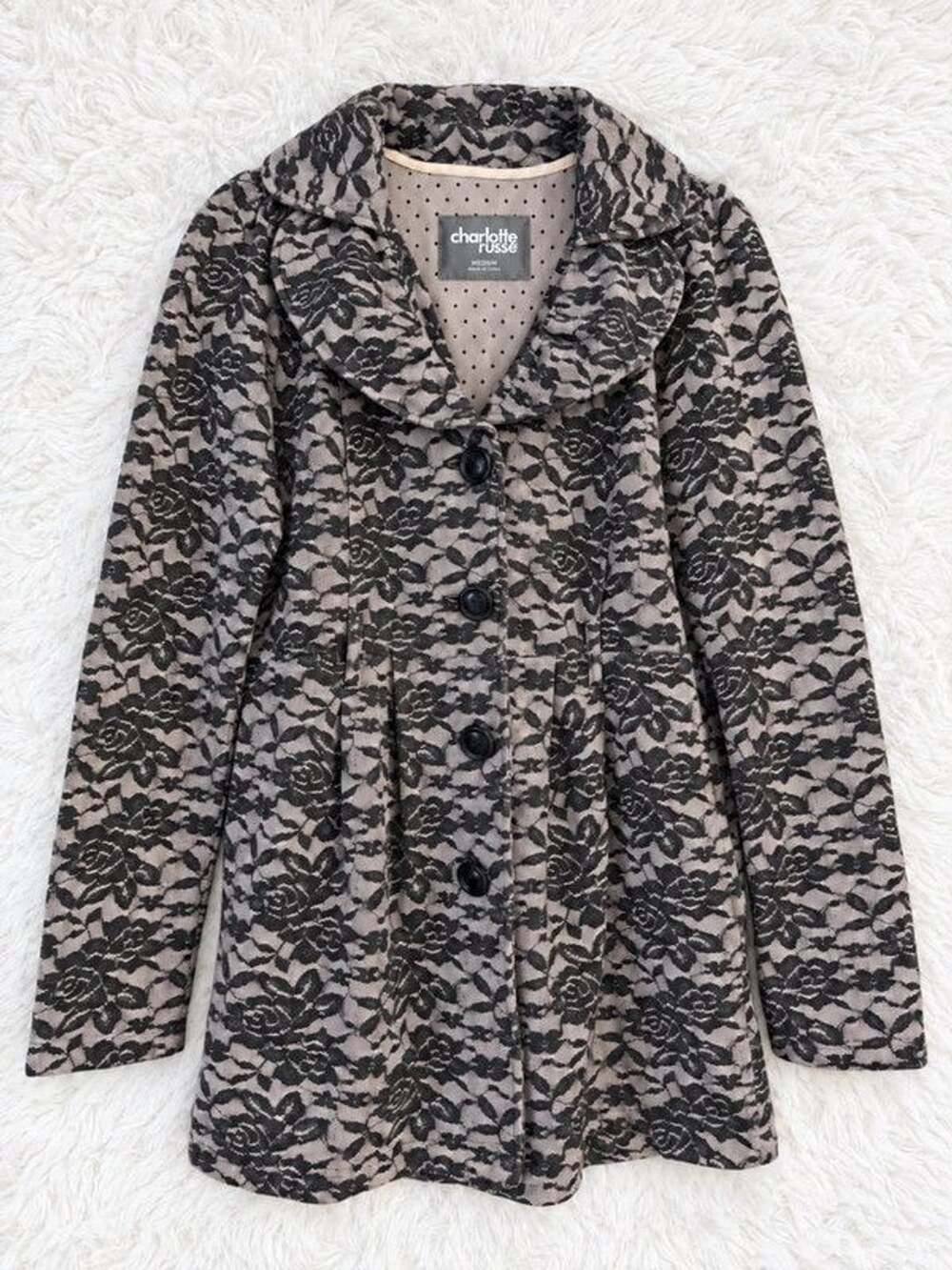 Charlotte Russe Black Floral faux Lace Fit & Flare Coat Medium